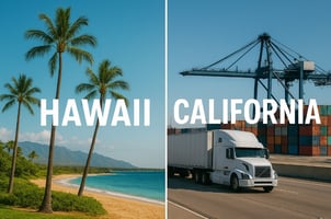 ハワイとカリフォルニアの進出比較を表す分割画像。左はヤシの木と海岸のハワイ、右はトラックとコンテナが並ぶカリフォルニアの物流シーン。