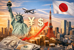 円安が進む2026年、日本企業の米国進出・カリフォルニア進出を表現した日米経済とスタートアップのビジュアル