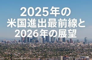 「2025年の米国進出と2026年の展望をテーマにした、ロサンゼルスのダウンタウンと広がる都市景観を写した高解像度パノラマ写真」