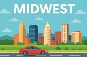 アメリカ中西部の広大な道路を車が走る様子。海外進出や米国市場進出をイメージしたビジネス展開の象徴的な風景。