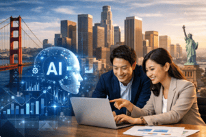 生成AIを活用して少人数で米国進出を進める日本人スタートアップ経営者のイメージ。カリフォルニアを拠点にAI活用によるアメリカ進出を目指すビジネスシーン