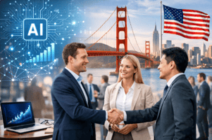 米国カリフォルニア進出を目指す日本人起業家とコンサルタントが、AIツールやノートパソコンを活用してビジネス戦略を議論する様子。ネットワーキング、人脈形成、パートナーシップ構築の重要性を示すプロフェッショナルなシーン。