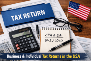 米国進出・カリフォルニア進出の企業経営者がCPAやEAと相談しながら、Form-1040やW-2、W-4を使って個人・法人タックスリターンを準備しているビジネスシーン