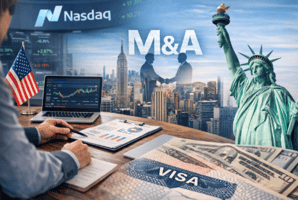アメリカ進出・カリフォルニア進出を目指すスタートアップの米国IPO（ナスダック）戦略とM&A活用、VISA取得を象徴するビジネスイメージ（自由の女神・Nasdaq・企業提携シーン）