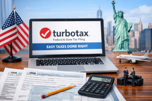 米国進出後の個人タックスリターンをTurboTaxでオンライン申告するイメージ。アメリカ国旗と自由の女神を背景に、カリフォルニア進出・サンディエゴ進出・アリゾナ進出などアメリカ進出企業の税務対応を象徴するデスク風景。