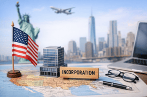 アメリカ進出を象徴する米国地図と法人設立（Incorporation）のサイン、星条旗とオフィスビル模型を背景にしたイメージ写真。アリゾナ・ネバダ・デラウェア州での米国法人設立やカリフォルニア進出を表現。