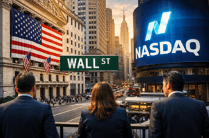 「米国進出を目指す日系スタートアップのビジネスイメージ。ウォールストリートのナスダック看板とニューヨーク高層ビルを背景に、ビジネスマンが会議やIT戦略を検討する様子。米国進出、ナスダック上場、IPOに関連するイメージ」