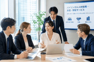 日本国内でのバイリンガル人材採用・海外人材採用・日英バイリンガルITエンジニア常駐サービスについて打ち合わせを行うビジネスチーム