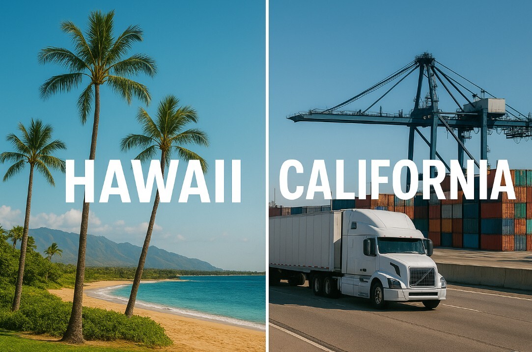 ハワイとカリフォルニアの進出比較を表す分割画像。左はヤシの木と海岸のハワイ、右はトラックとコンテナが並ぶカリフォルニアの物流シーン。