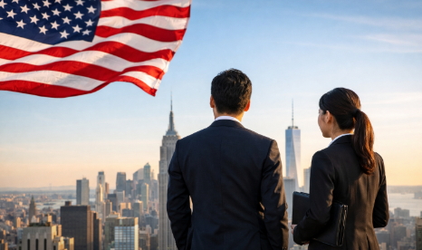 日本企業の経営者がアメリカ進出と米国子会社設立について議論しているビジネスシーン｜円安・ドル高時代の日系企業の米国展開