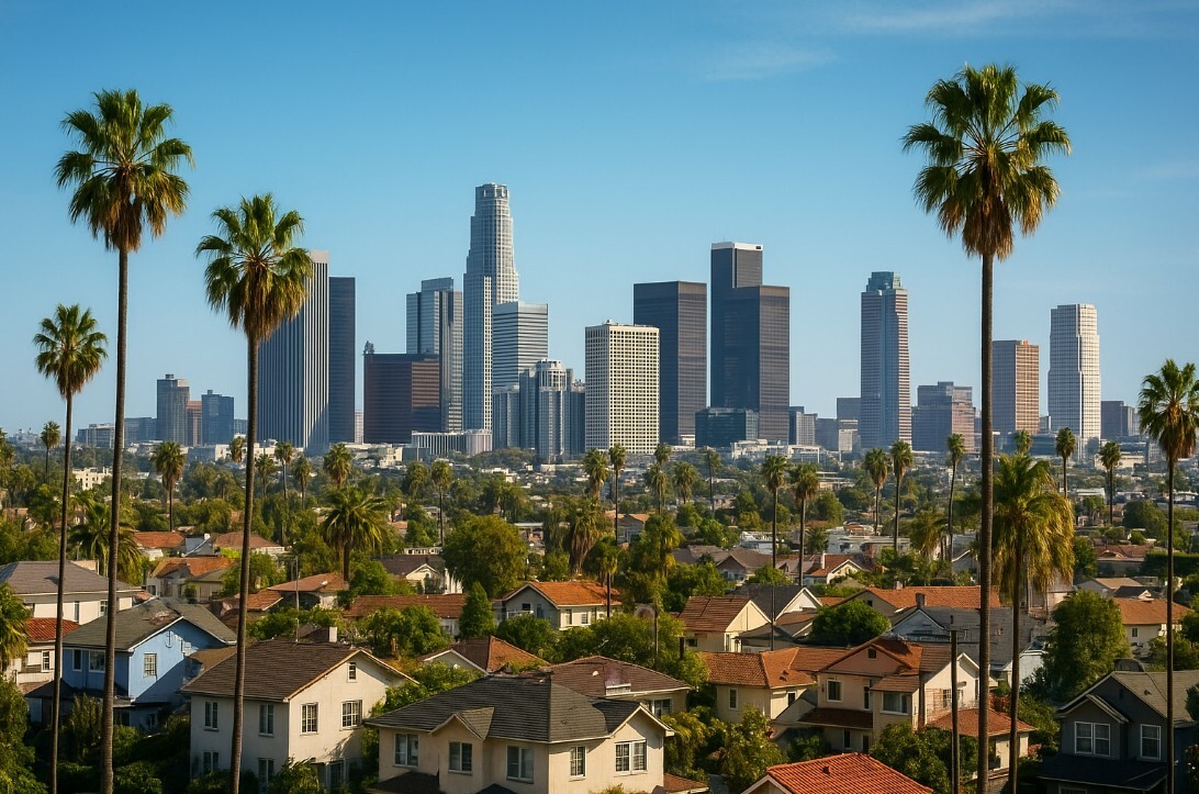 ロサンゼルス中心部の高層ビル群と住宅街の街並み｜2026年カリフォルニア不動産市場や移住・投資トレンドを象徴する風景