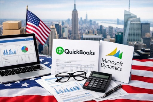 アメリカ進出を検討する日系企業向けに、ERPやQuickBooksなどの経理システムをイメージしたビジネス環境の写真。米国市場での会計・管理体制構築を表現。