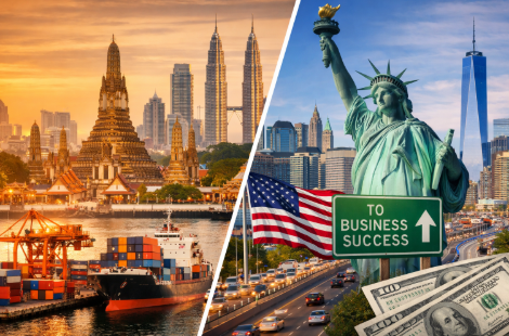 東南アジア（タイ・マレーシア）とアメリカの都市景観を対比し、海外子会社設立を比較検討するビジネスイメージ