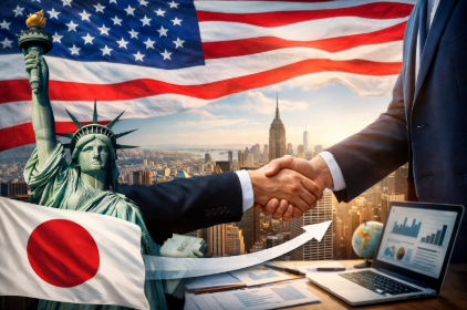 日本企業のアメリカ進出を象徴するビジネスシーン。米国ニューヨークを背景に、日本とアメリカの企業がグローバル戦略として海外子会社設立を進める様子
