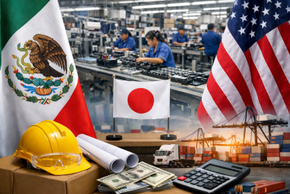 メキシコのマキラドーラ工場で働く従業員と、日本・アメリカ・メキシコの国旗、製造ライン、物流、税制メリットを象徴するイメージ。日本企業の北米進出と製造コスト削減を示すビジネス写真