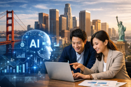 生成AIを活用して少人数で米国進出を進める日本人スタートアップ経営者のイメージ。カリフォルニアを拠点にAI活用によるアメリカ進出を目指すビジネスシーン