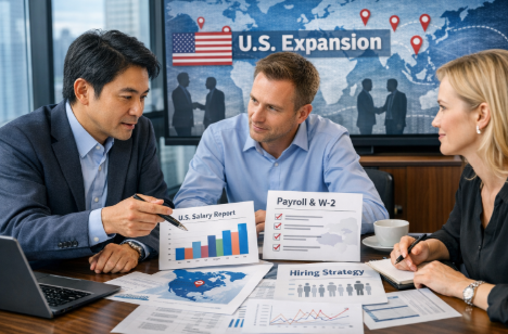 アメリカ進出を検討する日系企業の担当者が、給与相場・採用事情・Payroll・W-2対応の資料をもとに米国進出とカリフォルニア進出の人事戦略を打ち合わせするビジネス会議風景