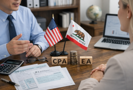 カリフォルニア進出企業がCPAとEAにタックスリターン相談を行い、Form-1040やW-2書類、Payroll資料を使って米国税務対策を打ち合わせするビジネスシーン