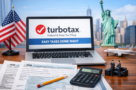 米国進出後の個人タックスリターンをTurboTaxでオンライン申告するイメージ。アメリカ国旗と自由の女神を背景に、カリフォルニア進出・サンディエゴ進出・アリゾナ進出などアメリカ進出企業の税務対応を象徴するデスク風景。