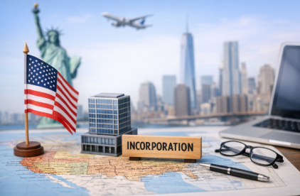アメリカ進出を象徴する米国地図と法人設立（Incorporation）のサイン、星条旗とオフィスビル模型を背景にしたイメージ写真。アリゾナ・ネバダ・デラウェア州での米国法人設立やカリフォルニア進出を表現。