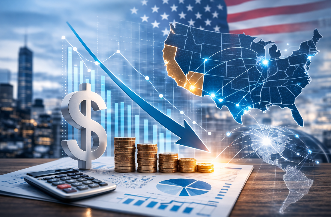 「米国進出を目指す日系スタートアップ企業の採用コスト削減イメージ。カリフォルニア・アリゾナを含む米国市場でIT活用による効率的なビジネス加速を示すグラフ、ドル札、COST DOWNマーク、ネットワークアイコンのビジュアル」