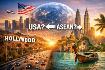 米国進出か東南アジア進出かを検討する日本企業向けイメージ。ロサンゼルスの都市景観、ハリウッド、アメリカ国旗、東南アジアの伝統的建築とボートを背景に、グローバル化、米国進出、日本企業、カリフォルニア進出、東南アジア進出、パートナー、顧問制度を象徴