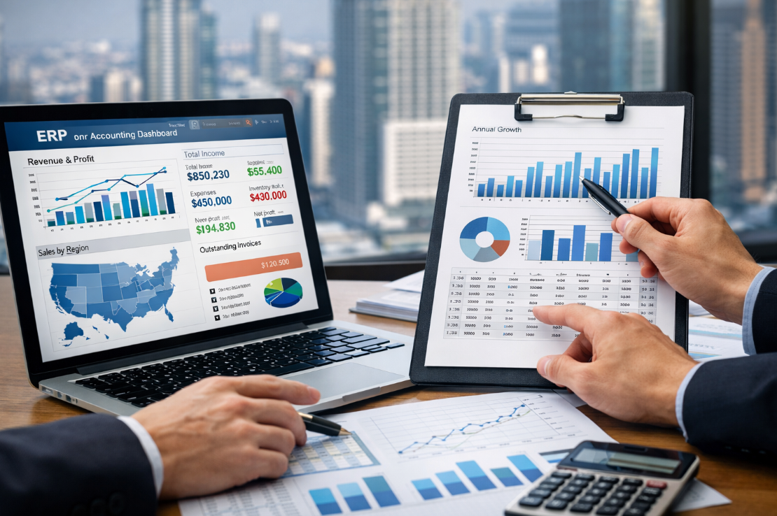 米国進出におけるERPと経理システムの比較を行うビジネスシーン、財務データ分析とクラウドERPダッシュボードのイメージ