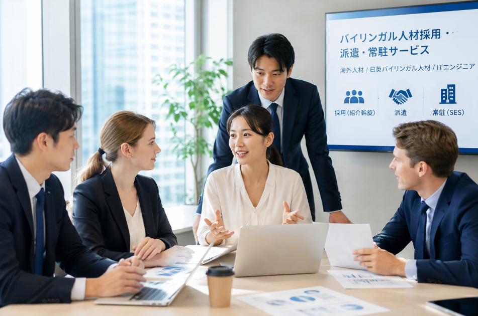 日本国内でのバイリンガル人材採用・海外人材採用・日英バイリンガルITエンジニア常駐サービスについて打ち合わせを行うビジネスチーム