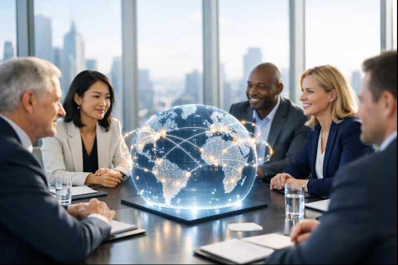 AIを活用した米国進出戦略を検討する日系企業の経営チームとパートナー戦略のビジネスミーティング